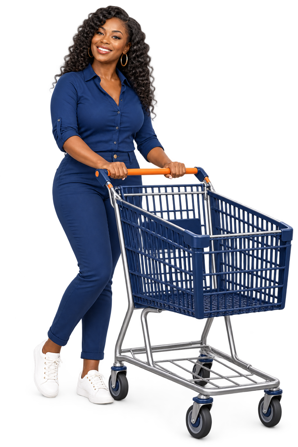 Excited Water Direct Plus shopper with an empty grocery cart